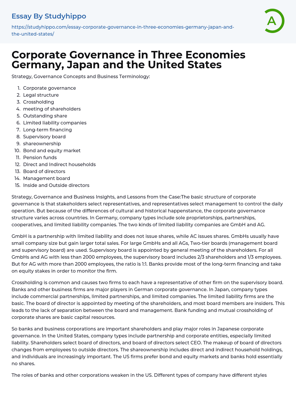 Corporate Governance in Three Economies Germany, Japan and the United States Essay Example