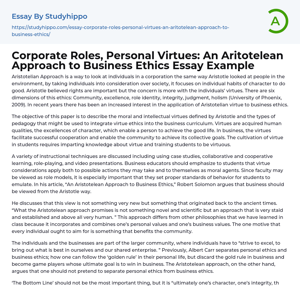 Corporate Roles, Personal Virtues: An Aritotelean Approach to Business Ethics Essay Example
