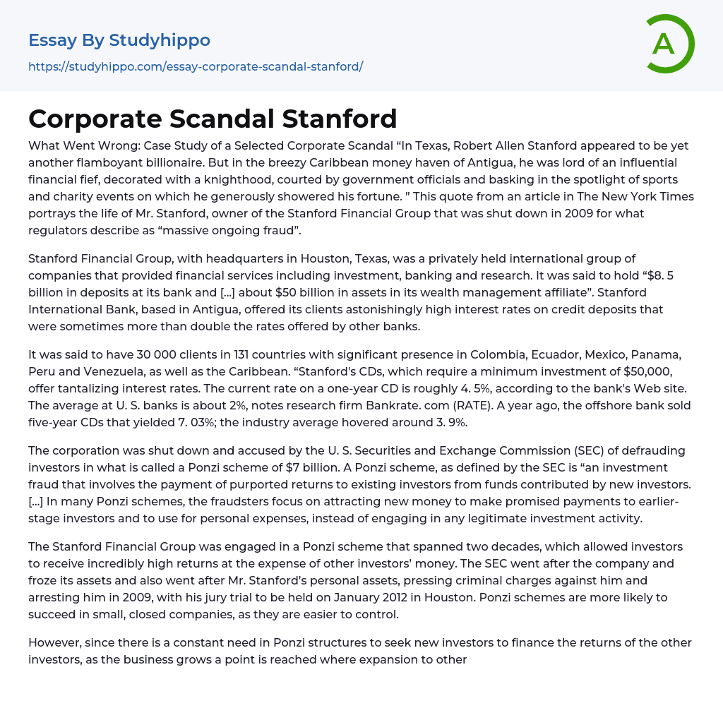 Corporate Scandal Stanford Essay Example