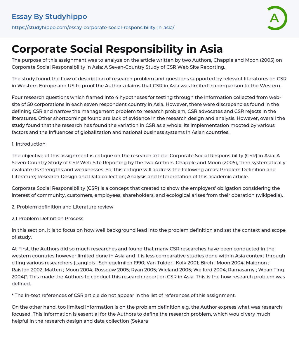 Corporate Social Responsibility in Asia Essay Example