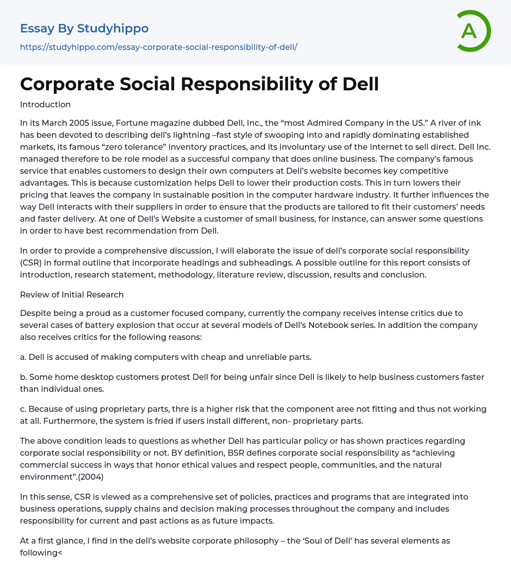 Corporate Social Responsibility of Dell Essay Example