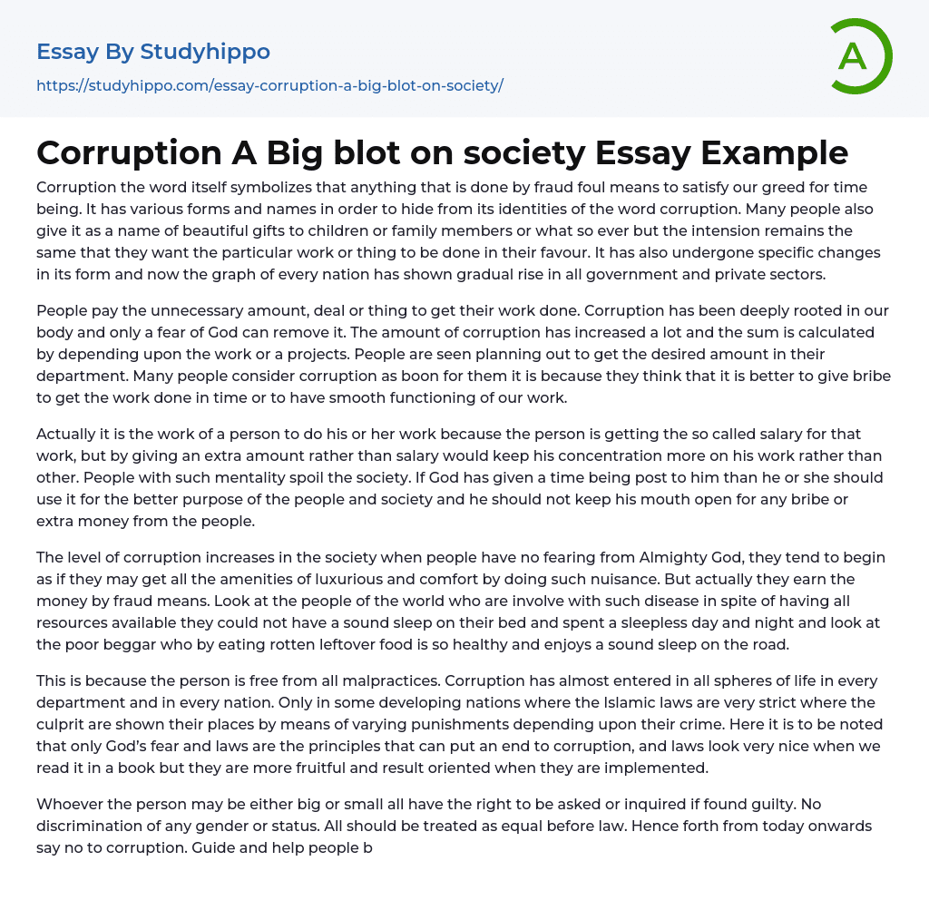 Corruption A Big blot on society Essay Example
