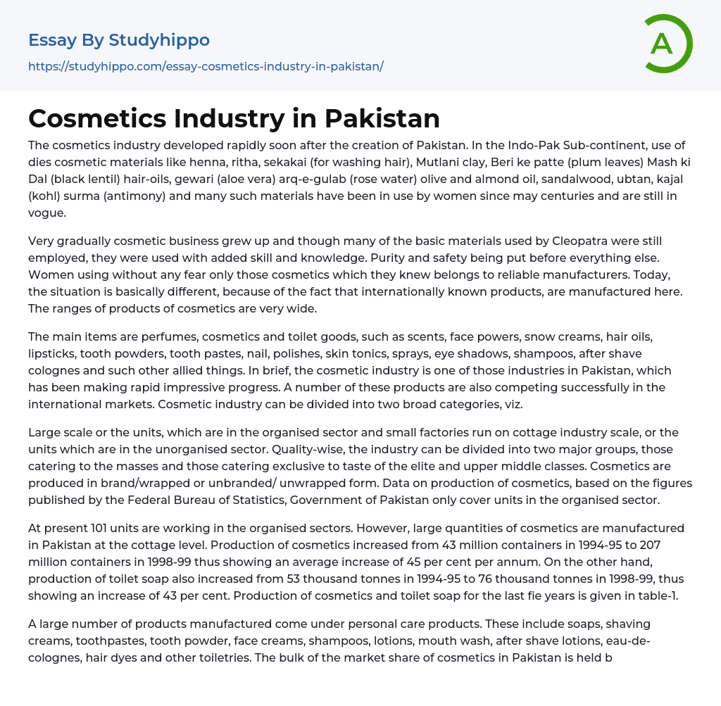 Cosmetics Industry in Pakistan Essay Example