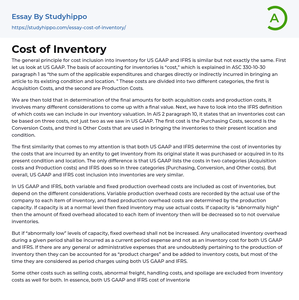 Cost of Inventory Essay Example