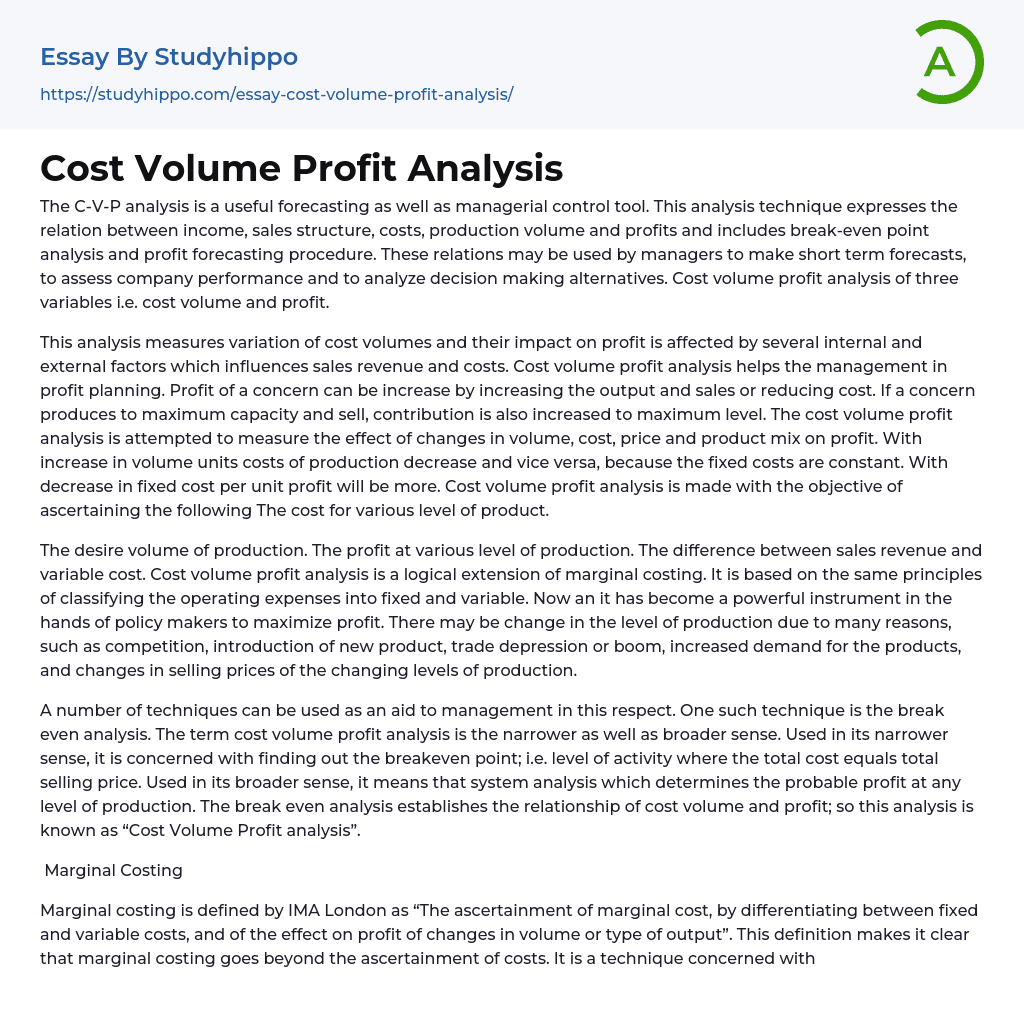 Cost Volume Profit Analysis Essay Example