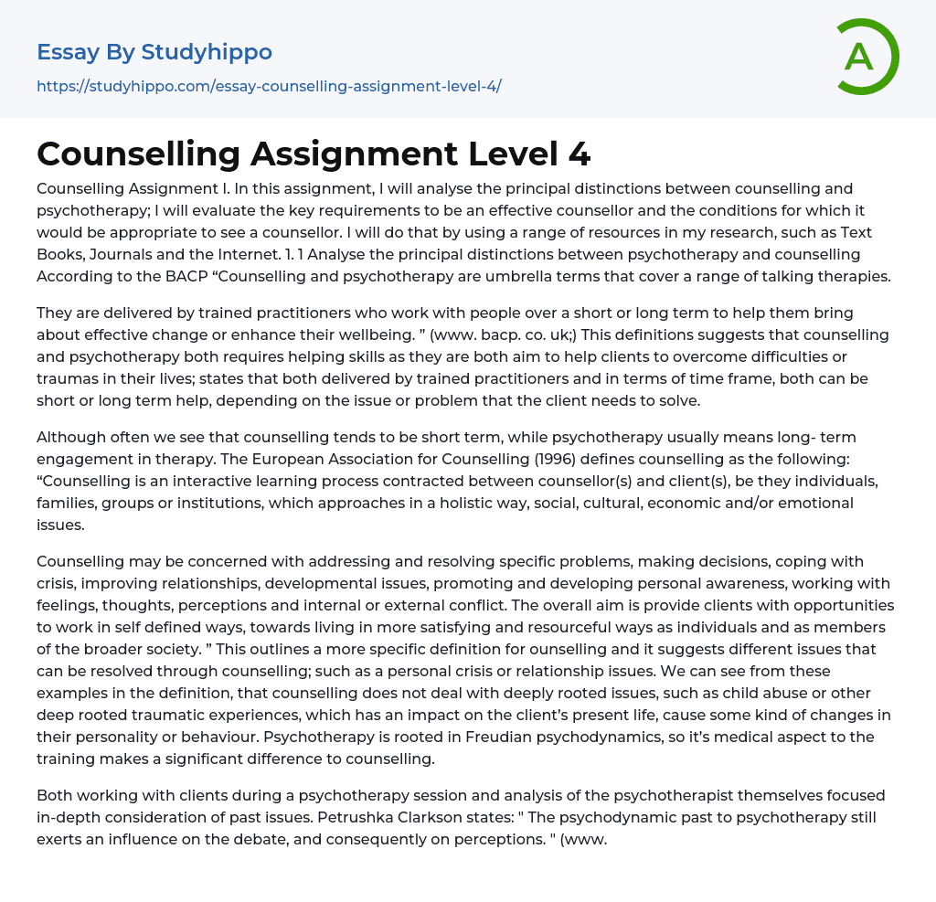 Counselling Assignment Level 4 Essay Example