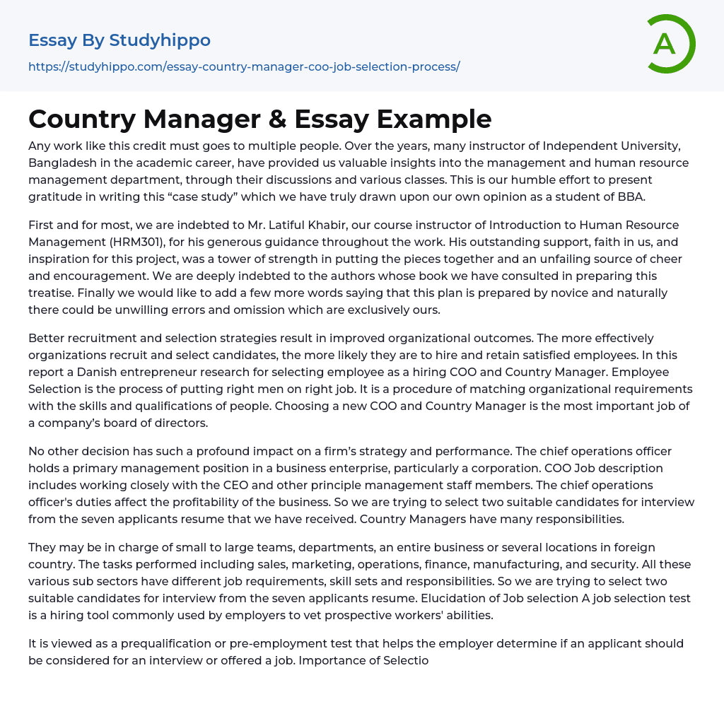 Country Manager &amp Essay Example