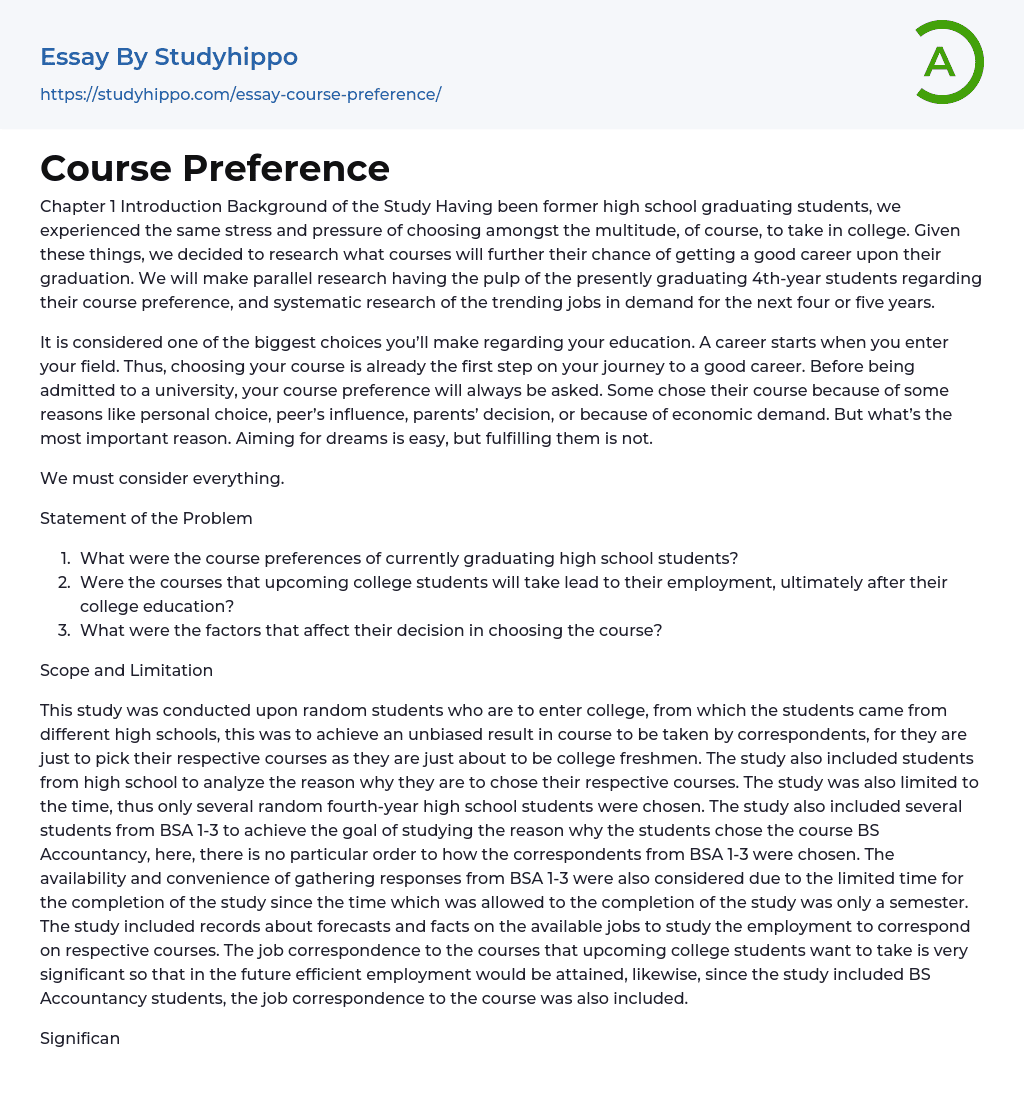 Course Preference Essay Example