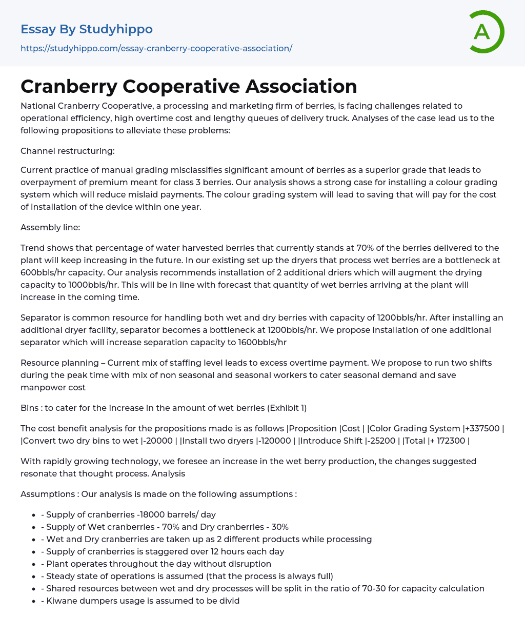 Cranberry Cooperative Association Essay Example