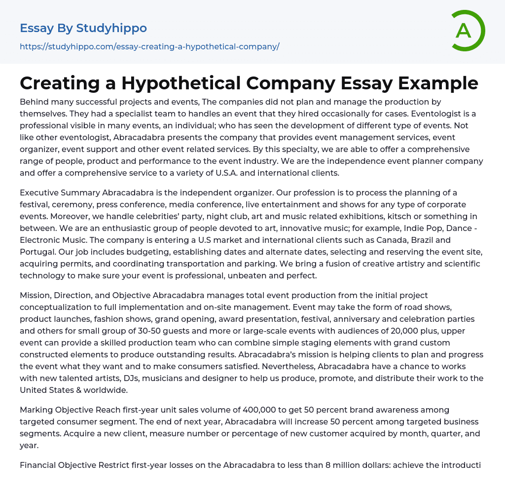 Creating a Hypothetical Company Essay Example