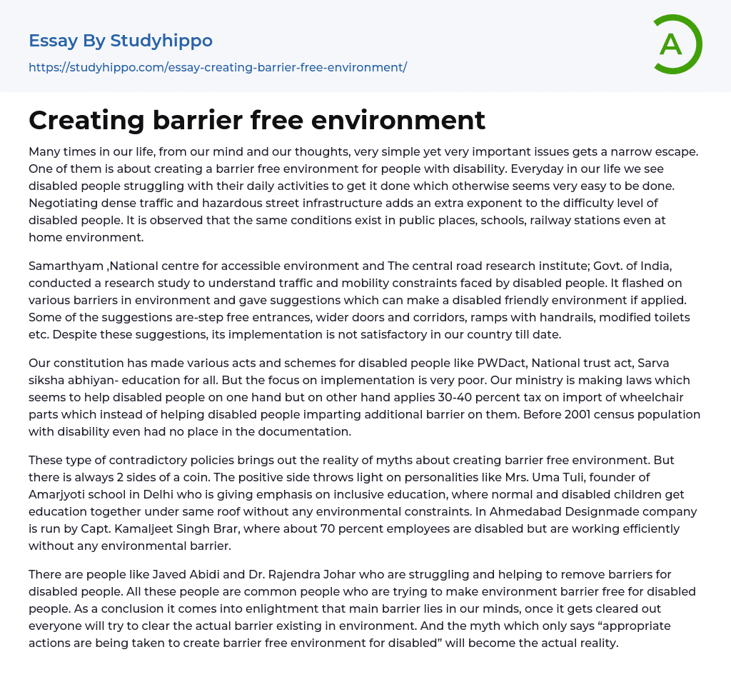 Creating barrier free environment Essay Example
