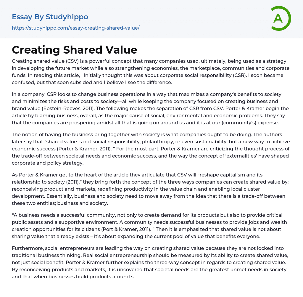 Creating Shared Value Essay Example