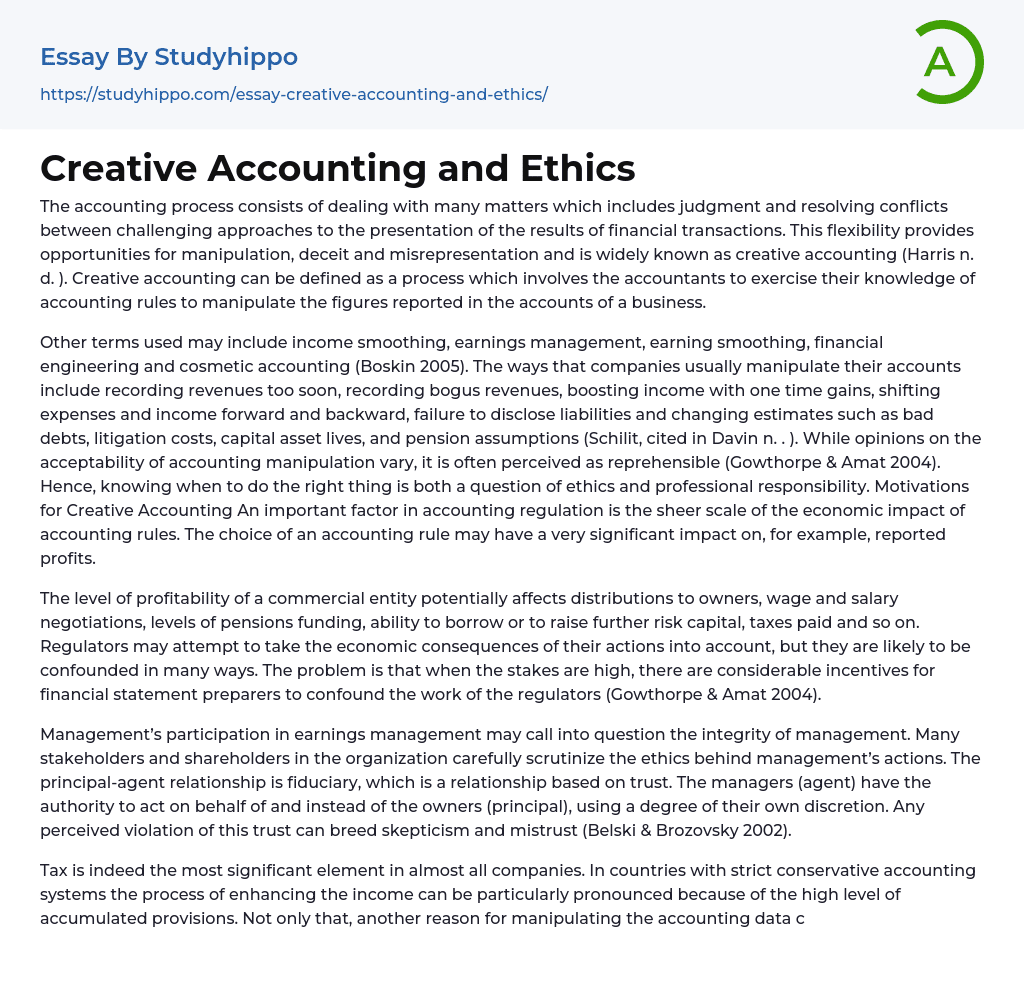 Creative Accounting and Ethics Essay Example
