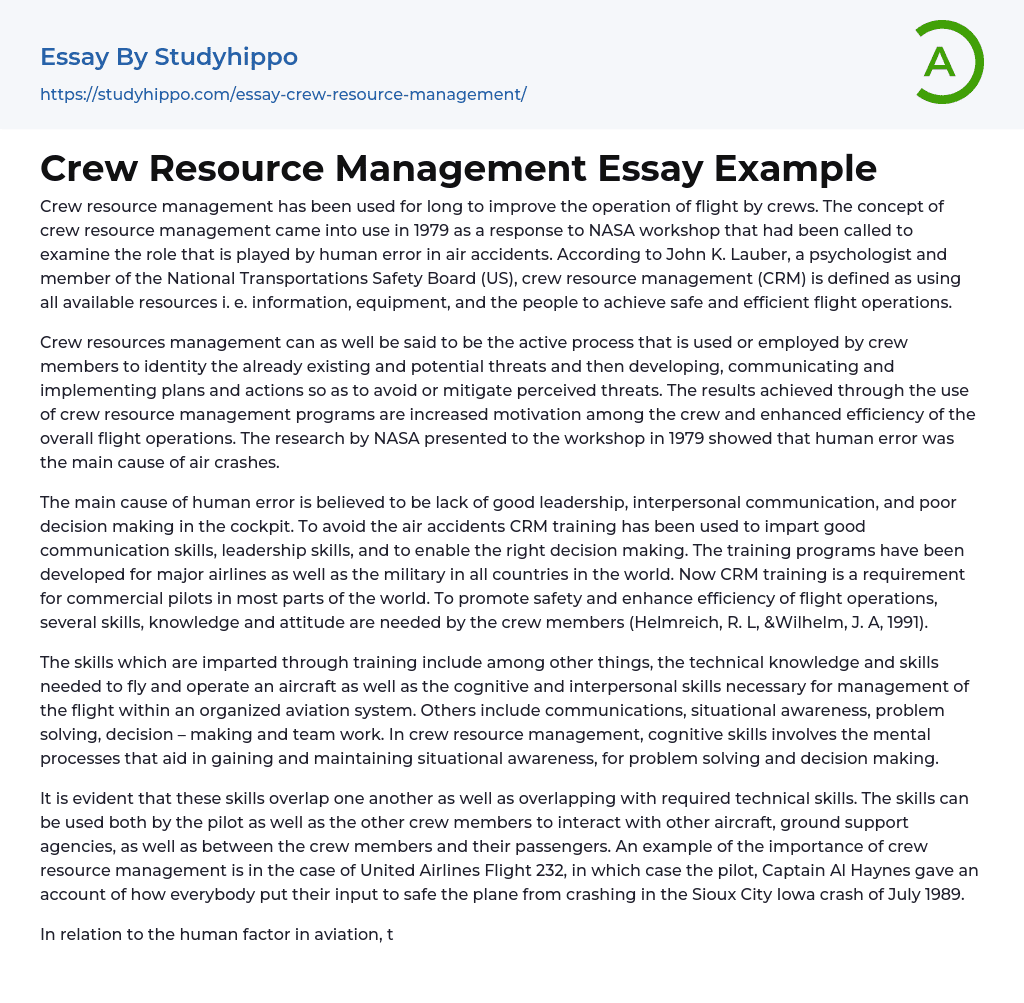 Crew Resource Management Essay Example