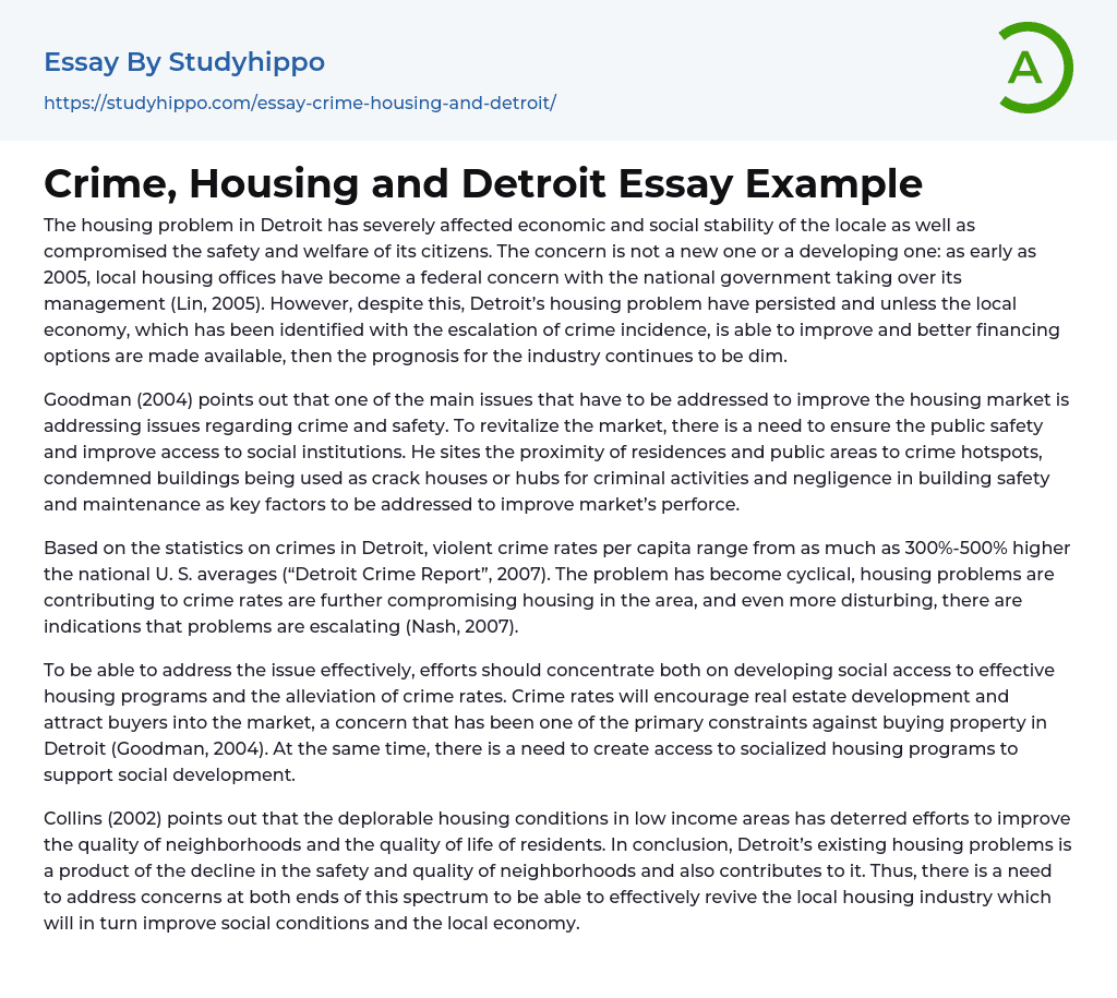Crime, Housing and Detroit Essay Example