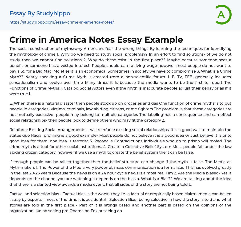 Crime in America Notes Essay Example