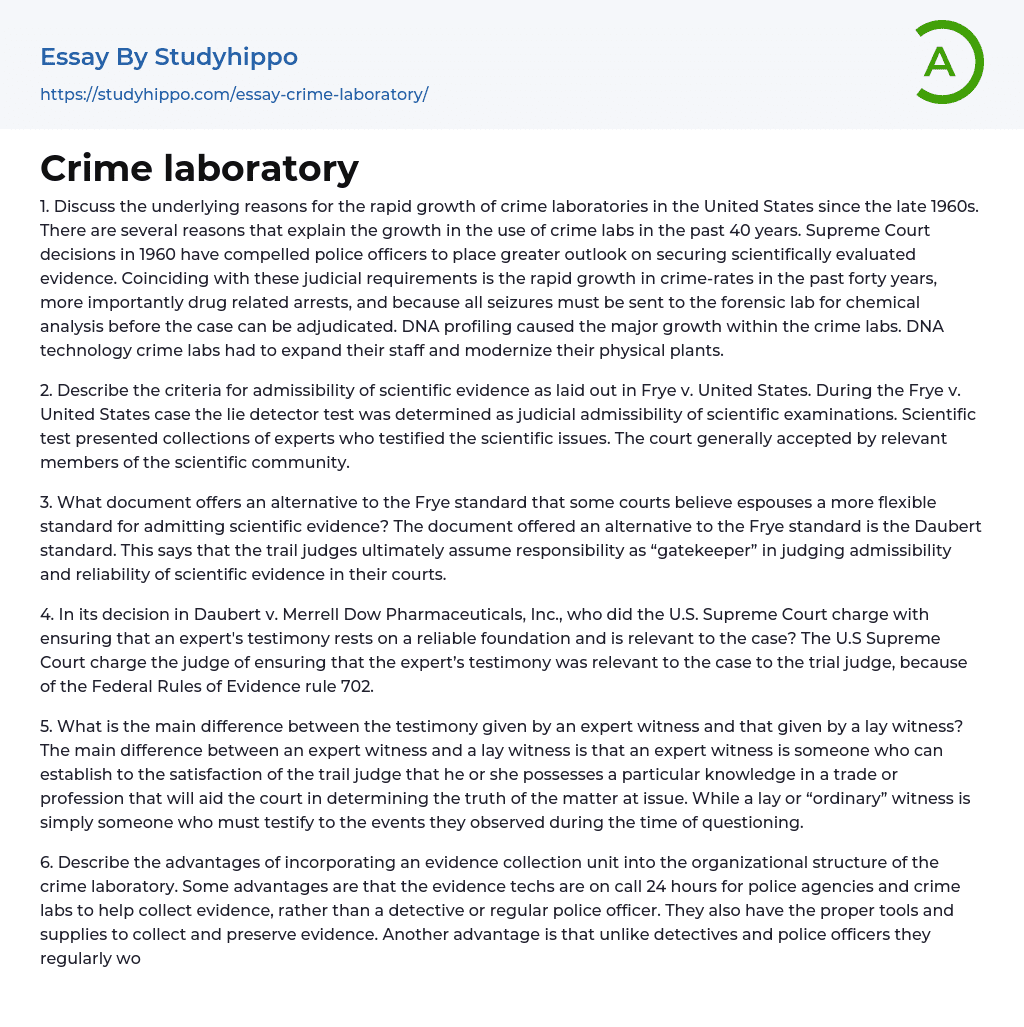 Crime laboratory Essay Example