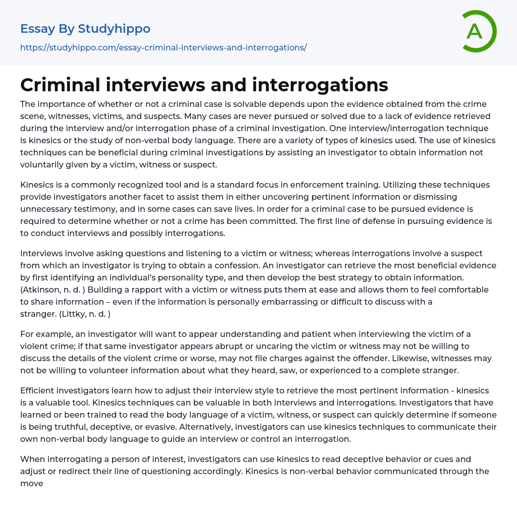 Criminal interviews and interrogations Essay Example