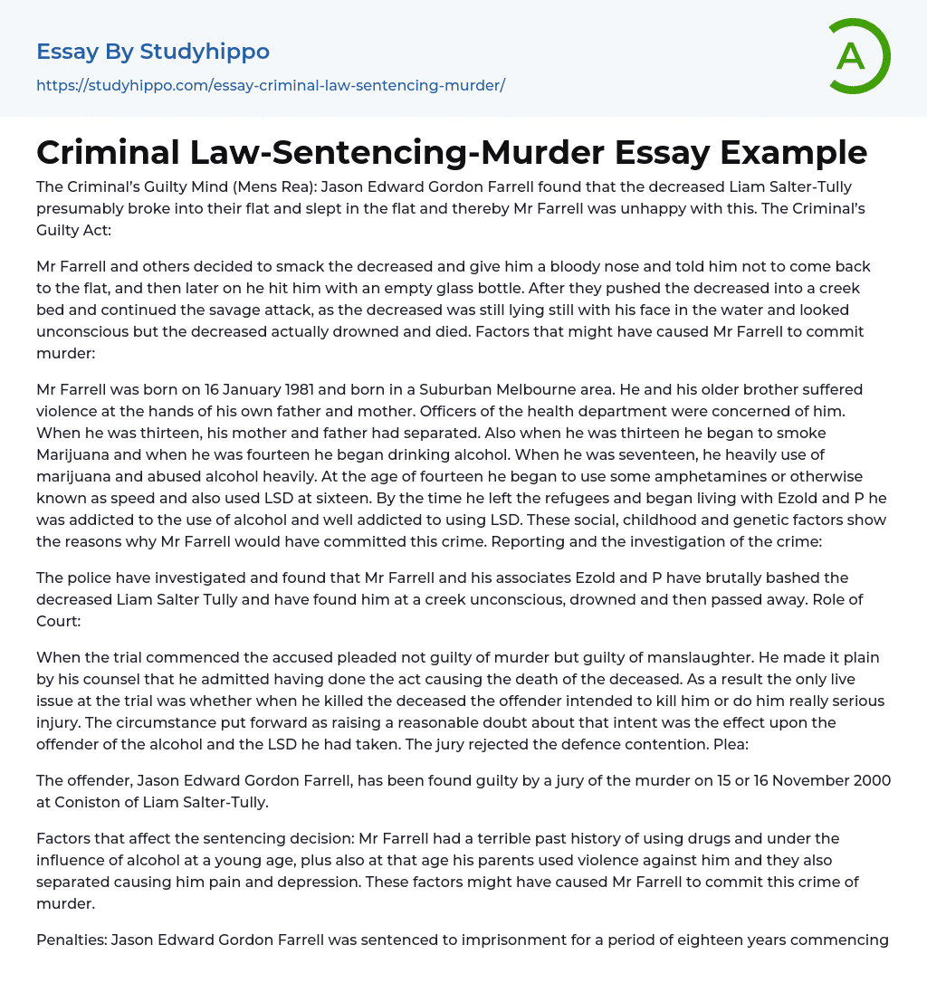Criminal Law-Sentencing-Murder Essay Example