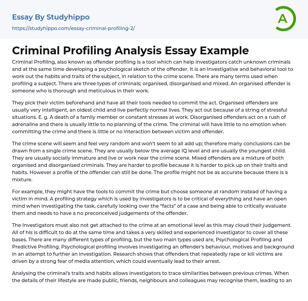 Criminal Profiling Analysis Essay Example
