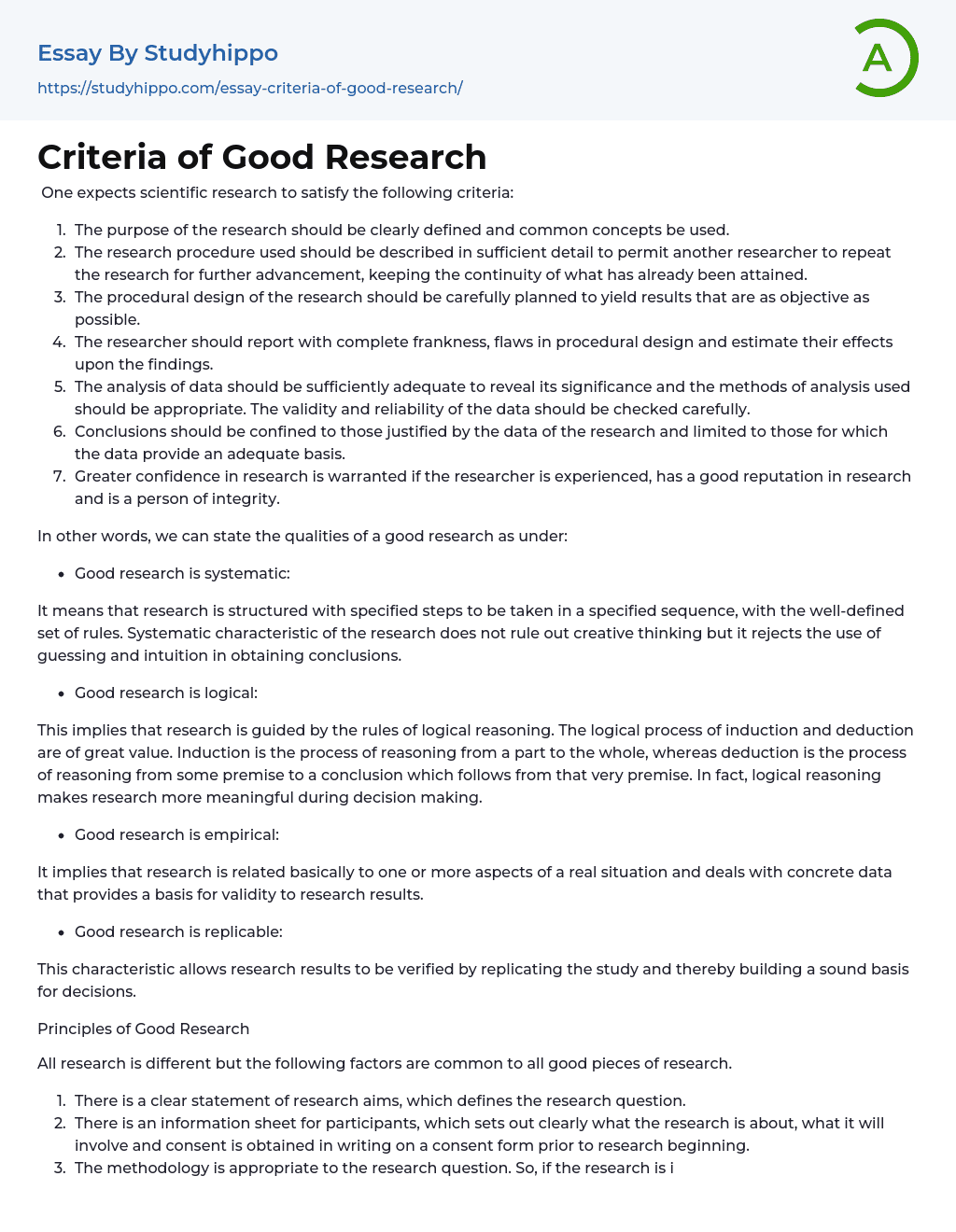 Criteria of Good Research Essay Example
