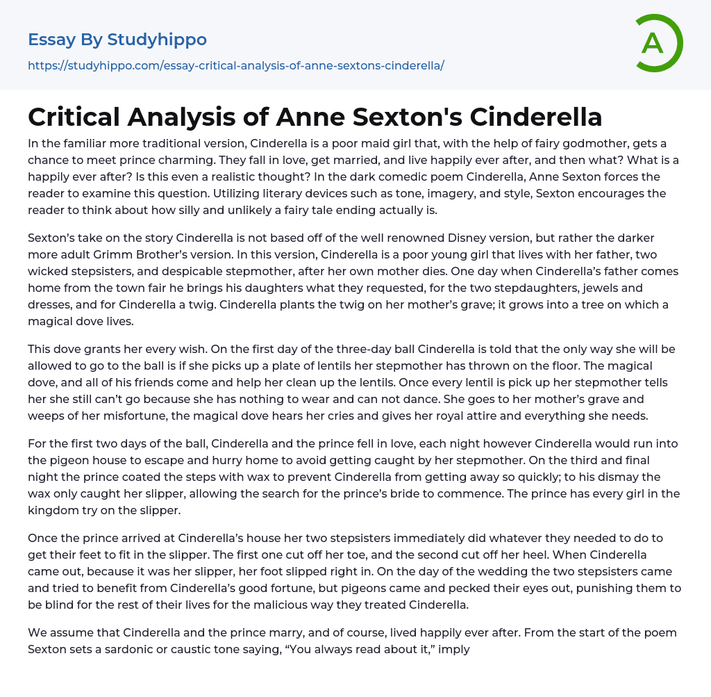 Critical Analysis of Anne Sexton’s Cinderella Essay Example