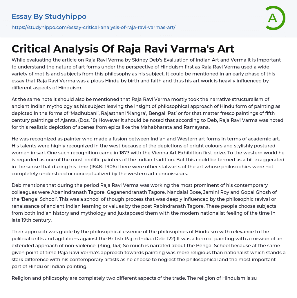Critical Analysis Of Raja Ravi Varma’s Art Essay Example