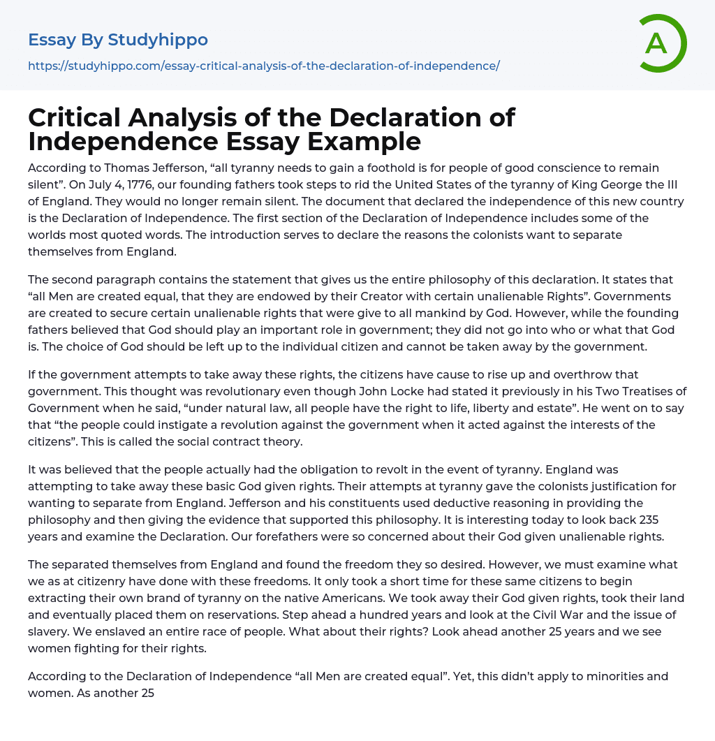 Critical Analysis of the Declaration of Independence Essay Example