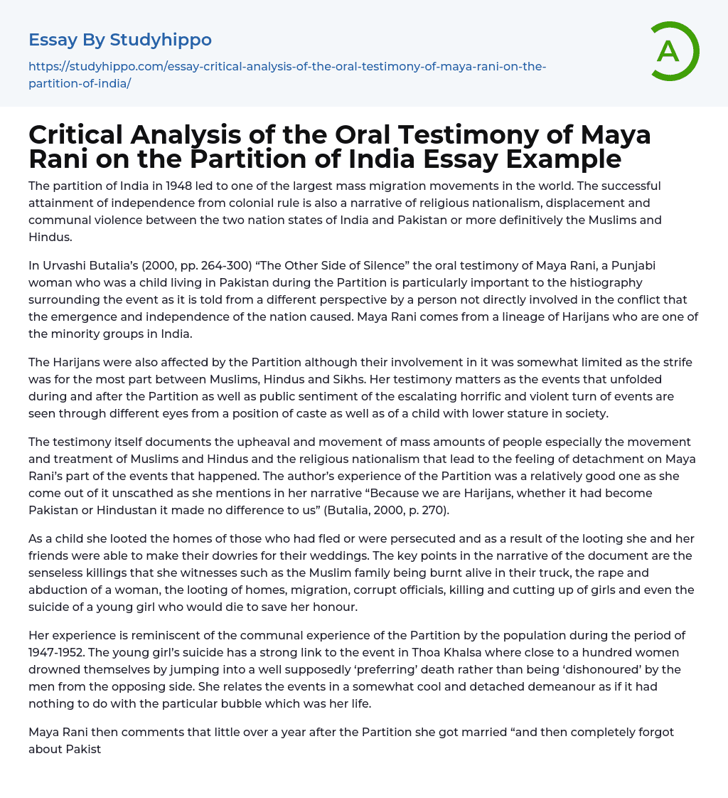 Critical Analysis of the Oral Testimony of Maya Rani on the Partition of India Essay Example