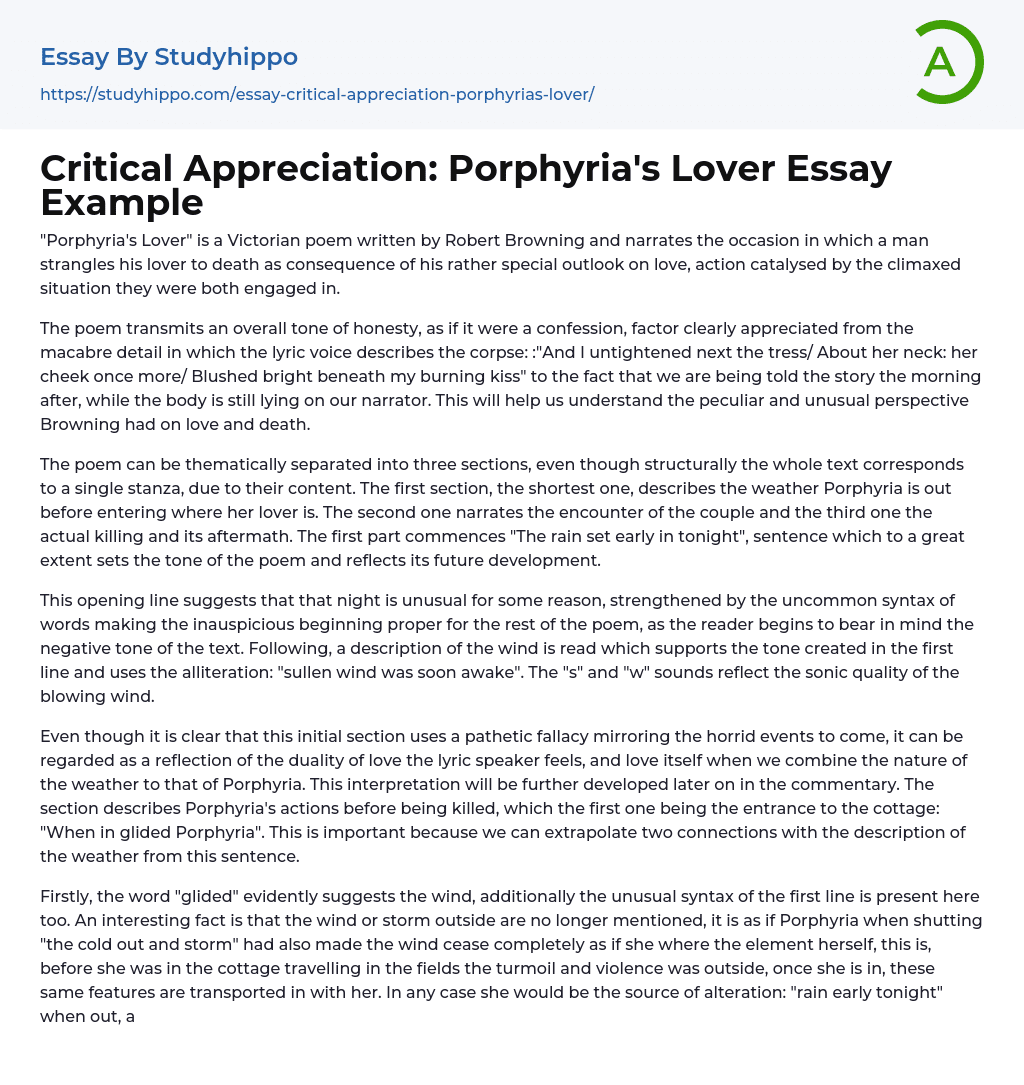 Critical Appreciation: Porphyria’s Lover Essay Example