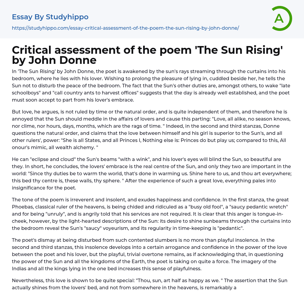 Critical assessment of the poem ‘The Sun Rising’ by John Donne Essay Example