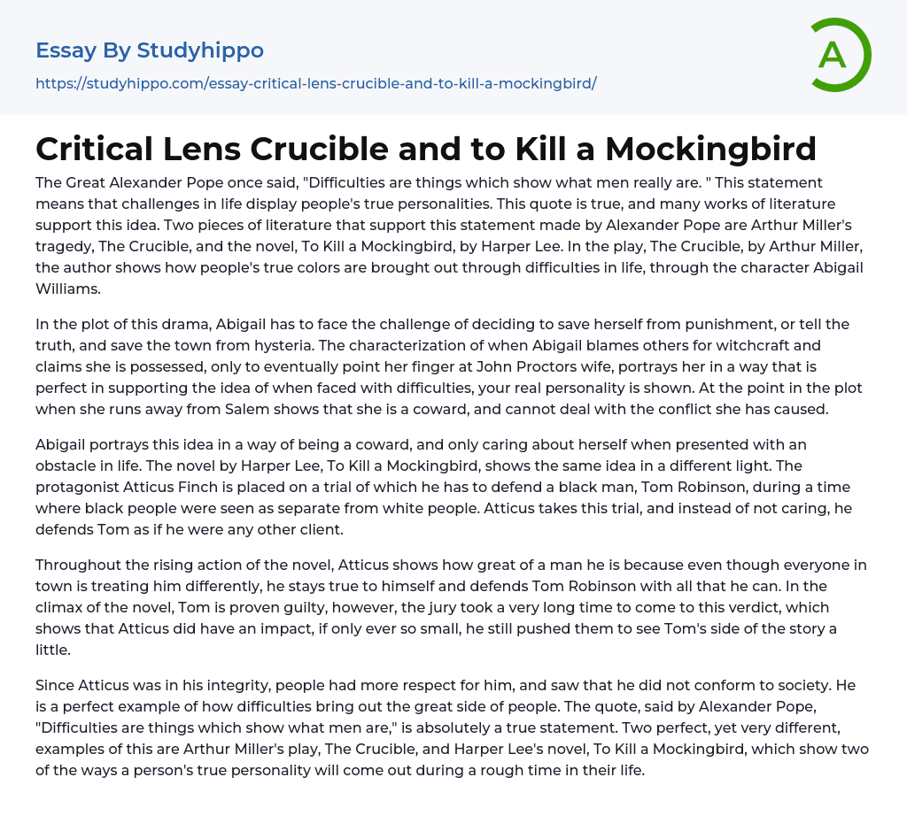 Critical Lens Crucible and to Kill a Mockingbird Essay Example