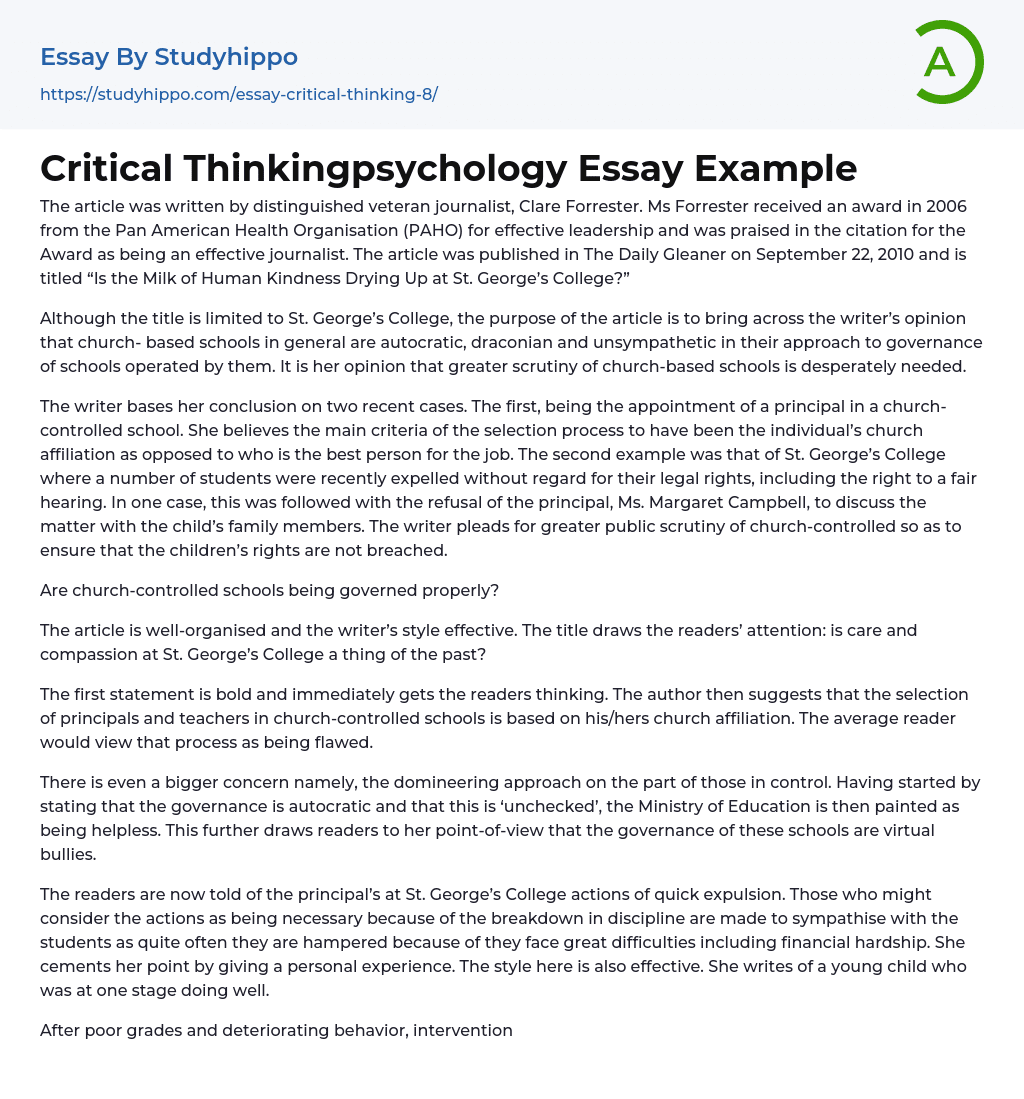 Critical Thinkingpsychology Essay Example
