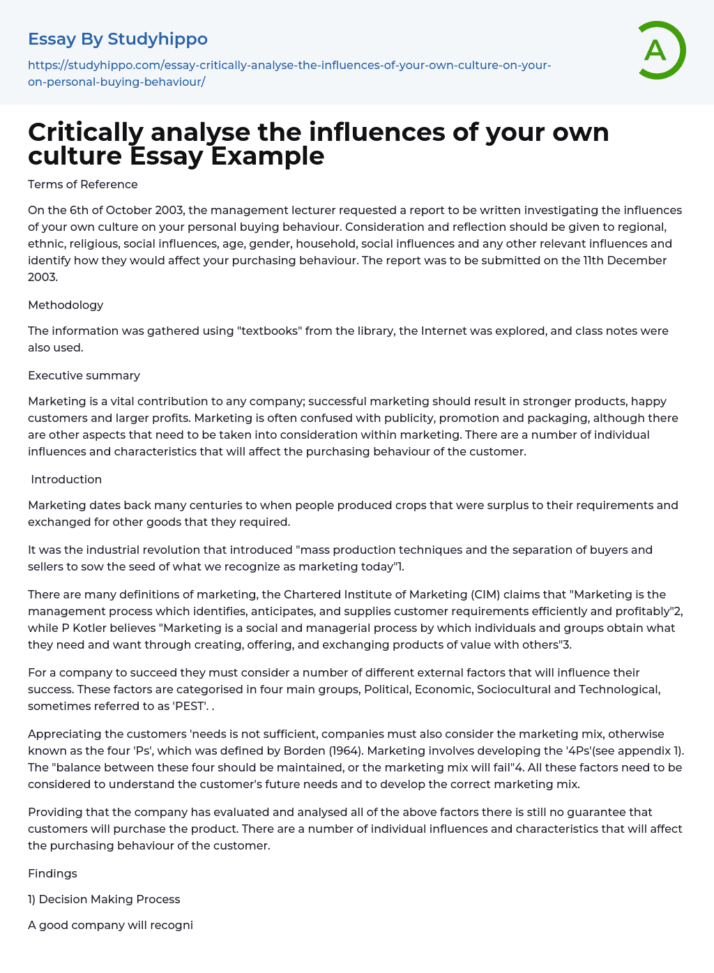 Critically analyse the influences of your own culture Essay Example