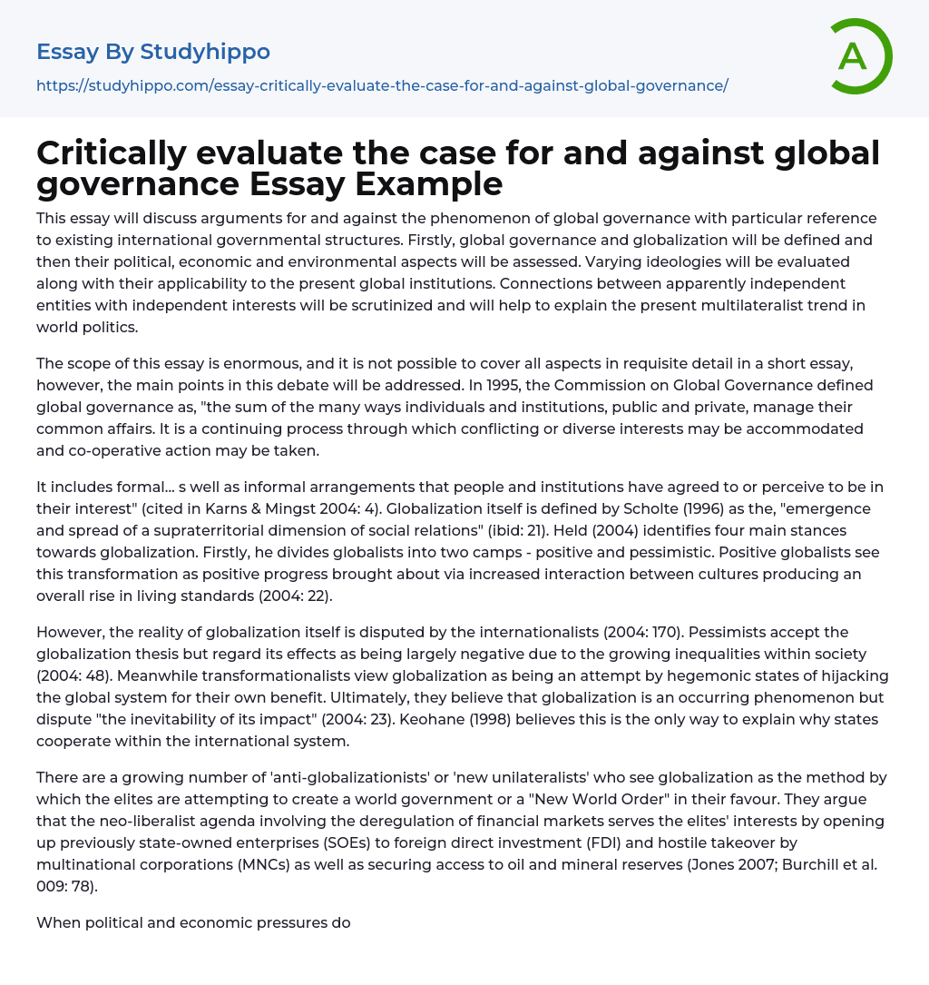 Critically evaluate the case for and against global governance Essay Example
