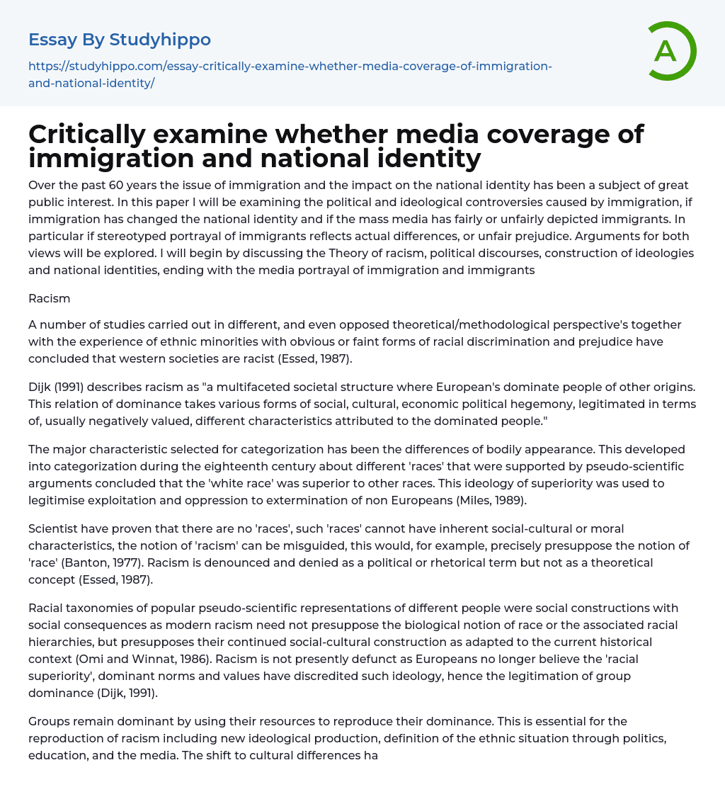 Critically examine whether media coverage of immigration and national identity Essay Example