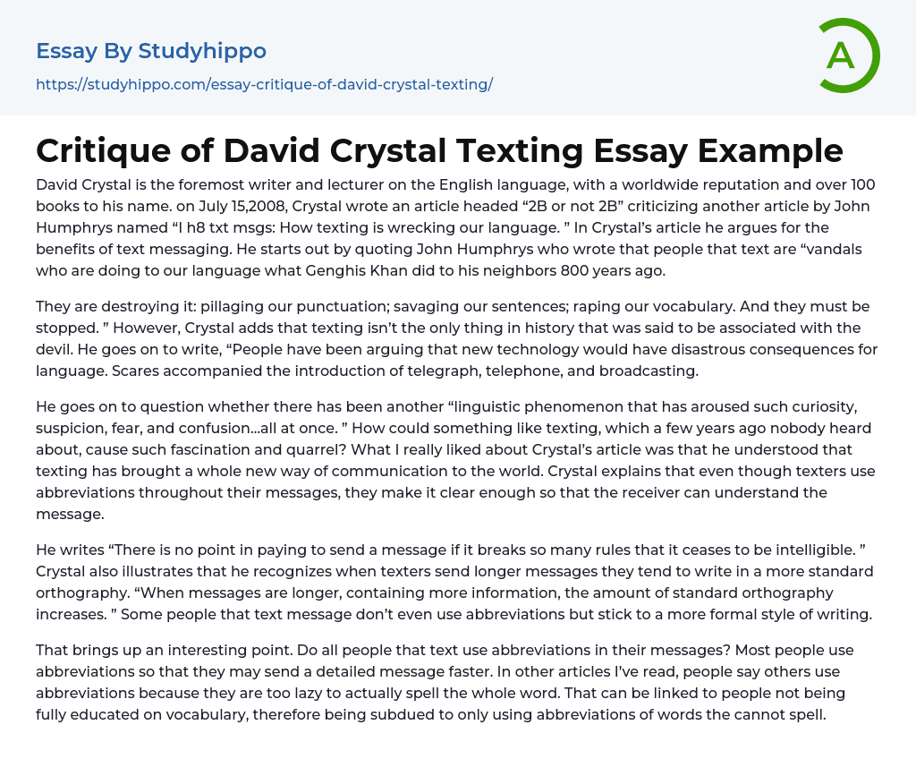 Critique of David Crystal Texting Essay Example