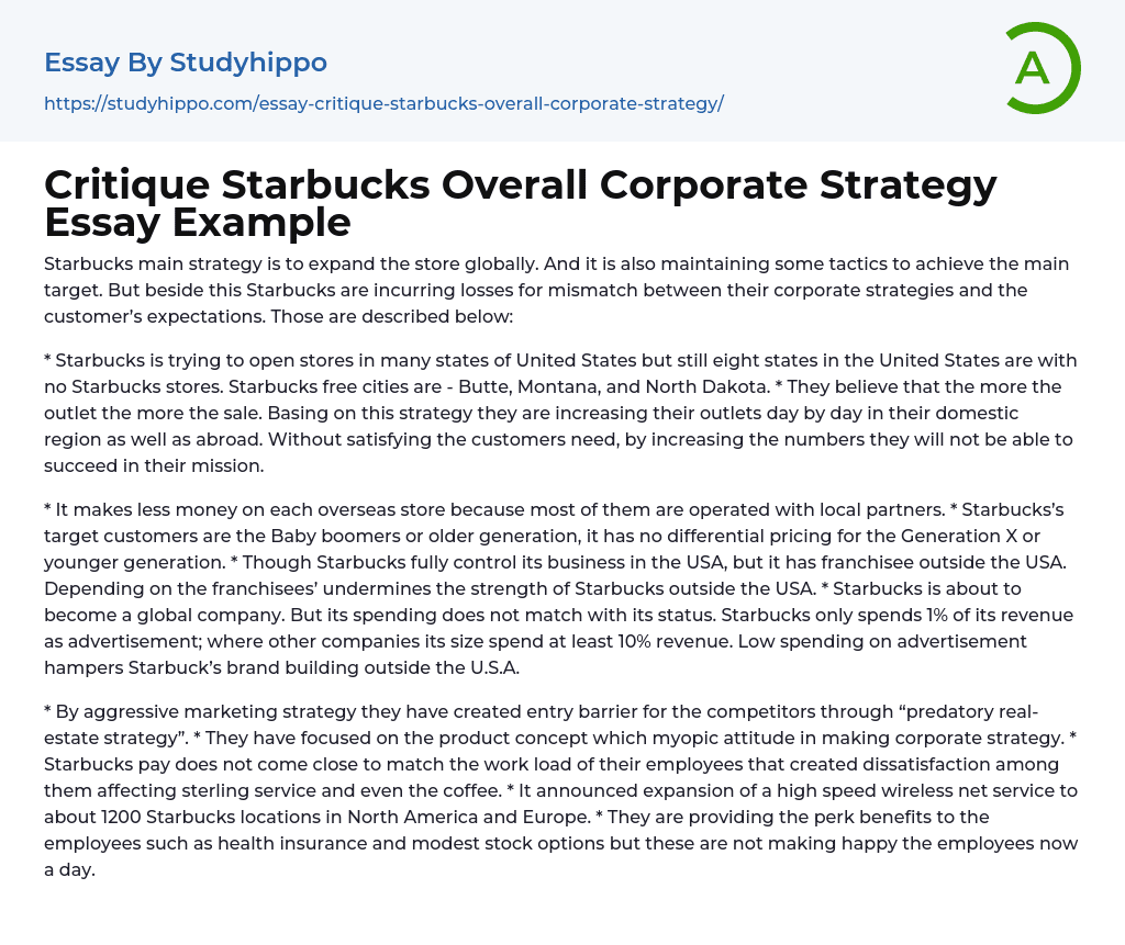 Critique Starbucks Overall Corporate Strategy Essay Example