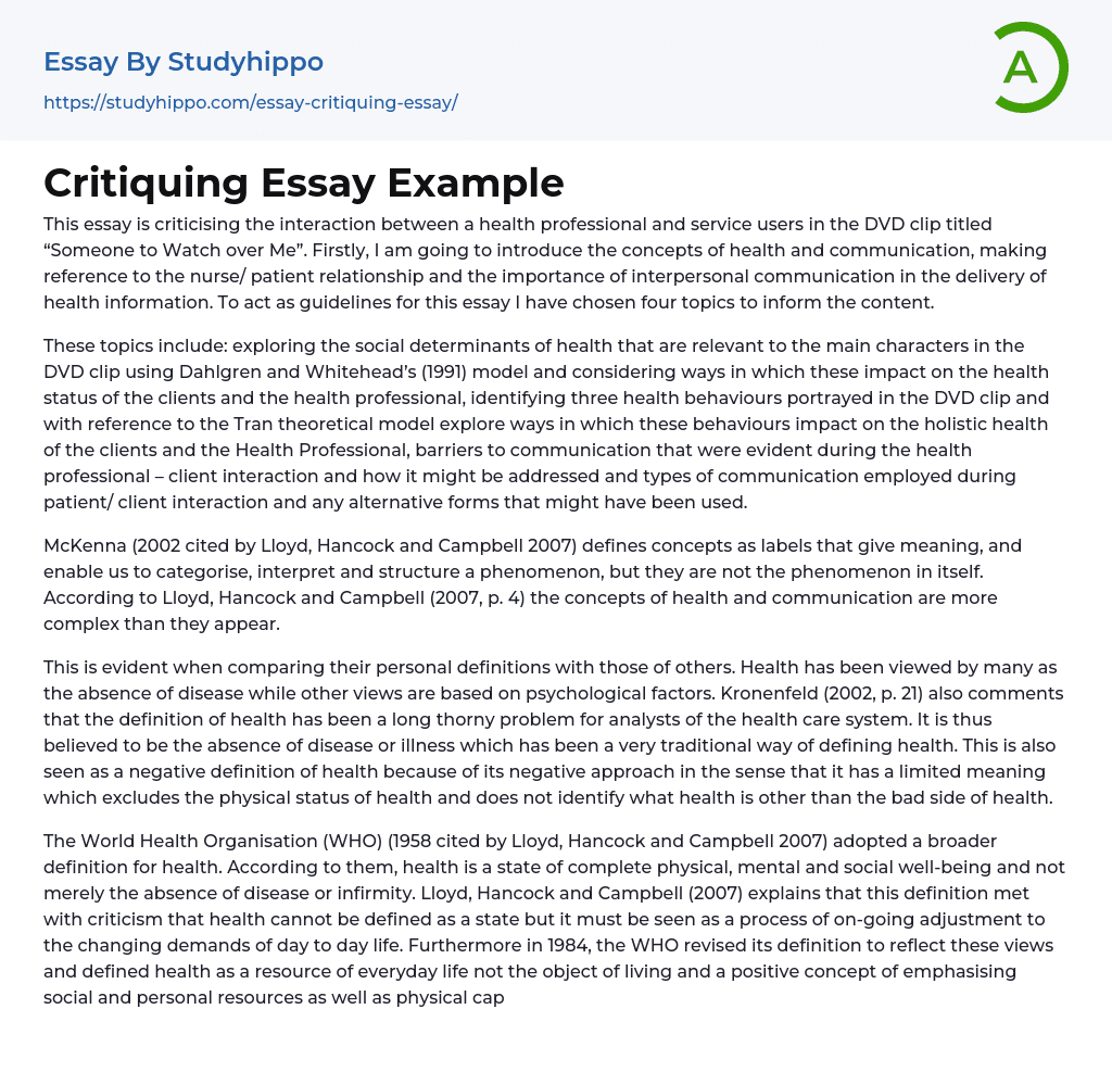 Critiquing Essay Example