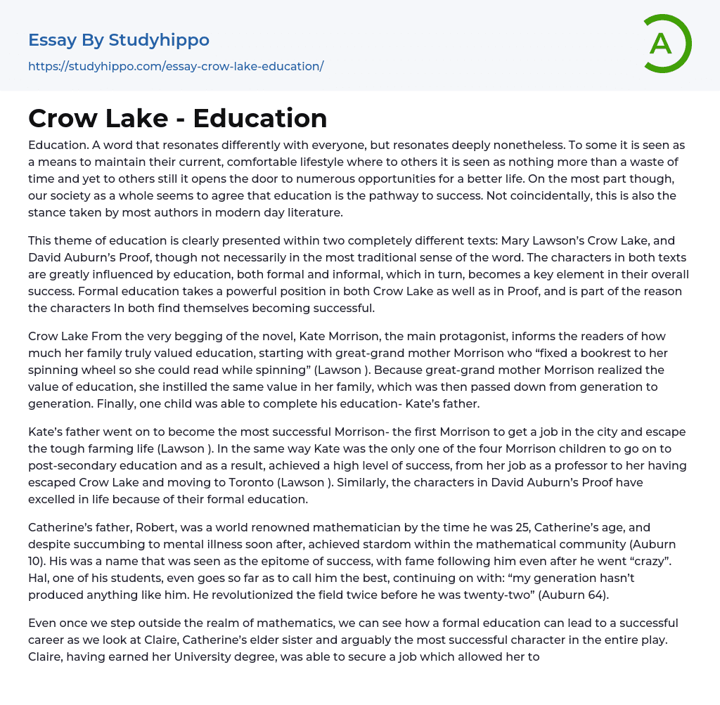 Crow Lake – Education Essay Example