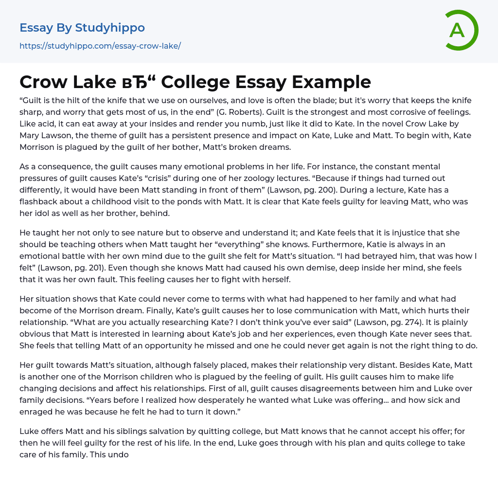Crow Lake College Essay Example