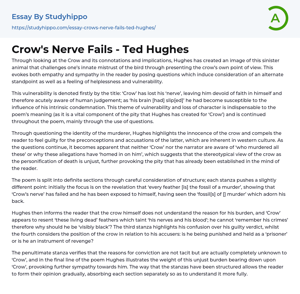 Crow’s Nerve Fails – Ted Hughes Essay Example
