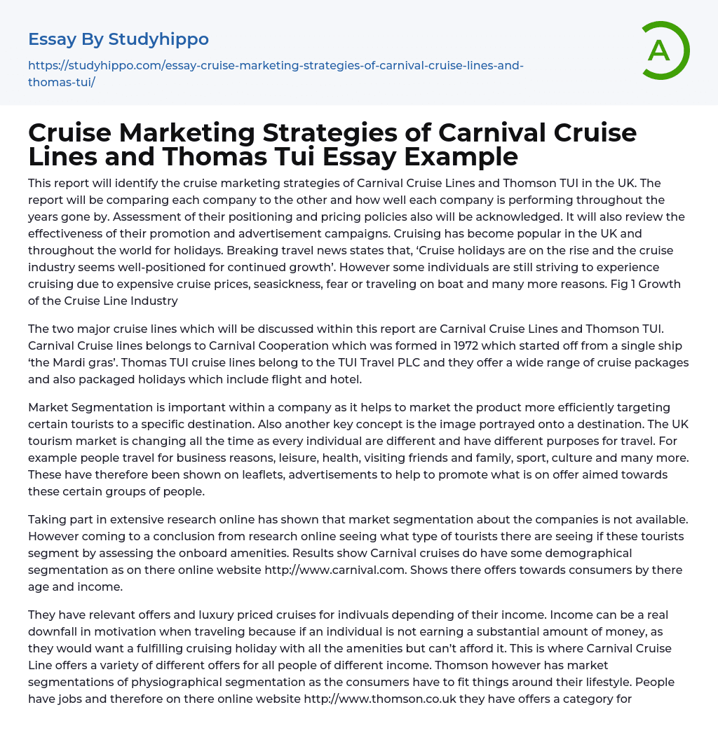 Cruise Marketing Strategies of Carnival Cruise Lines and Thomas Tui Essay Example