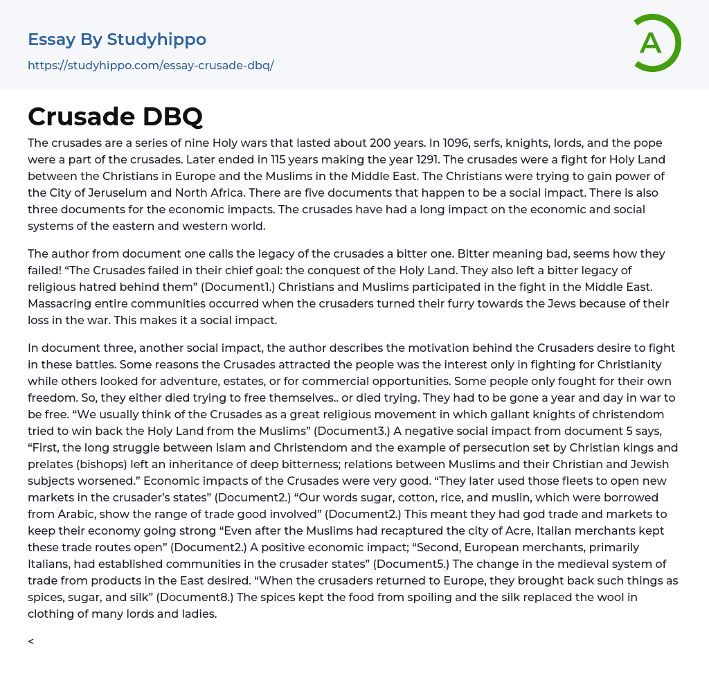 Crusade DBQ Essay Example