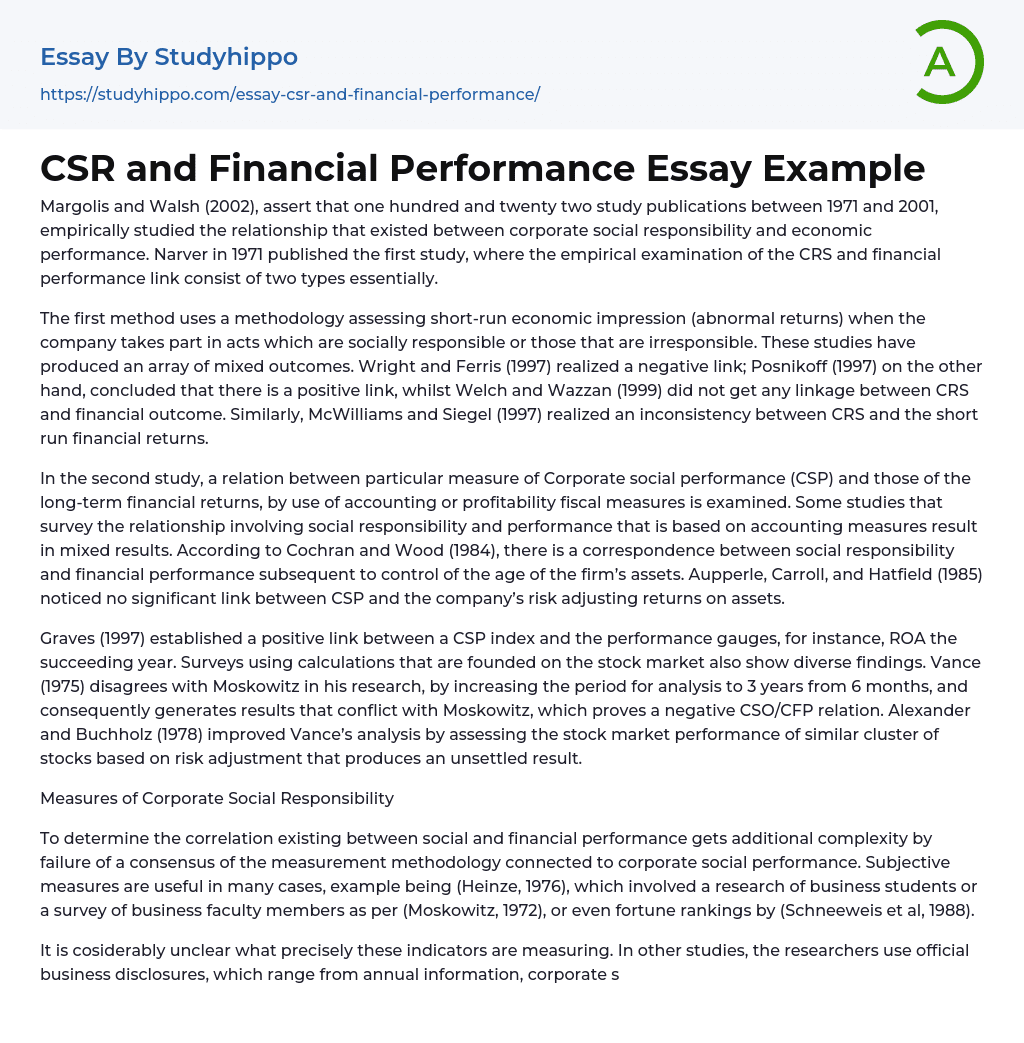 CSR and Financial Performance Essay Example
