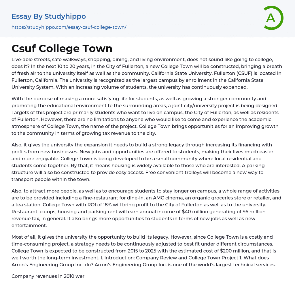 Csuf College Town Essay Example