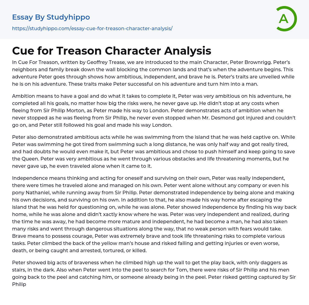 Cue for Treason Character Analysis Essay Example