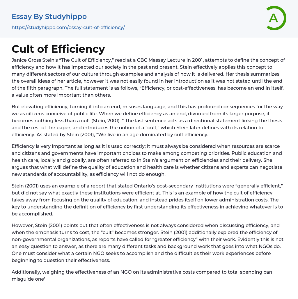 Cult of Efficiency Essay Example