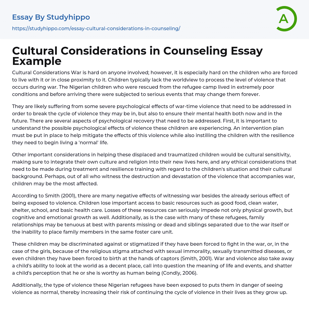 Cultural Considerations in Counseling Essay Example