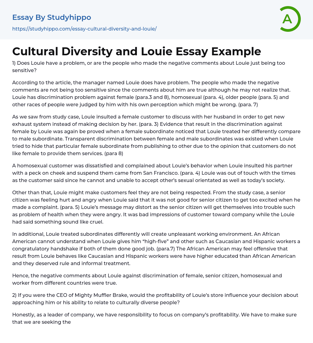 Cultural Diversity and Louie Essay Example